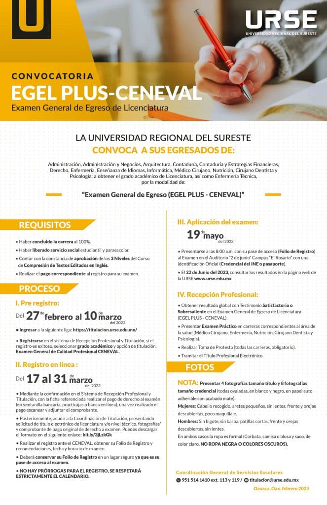 Convocatoria EGEL PLUS CENEVAL FEBRERO MARZO Universidad URSE Licenciaturas Posgrados